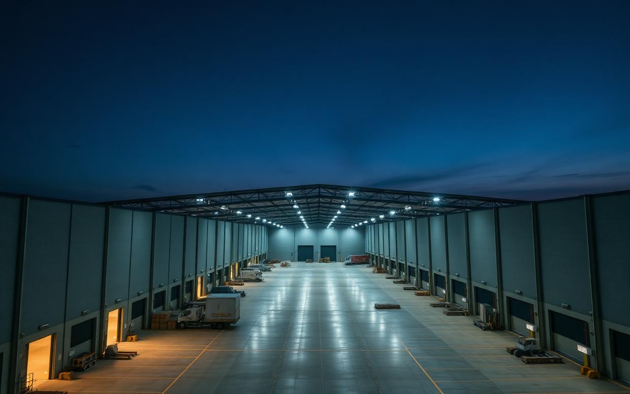 Logistics warehouse at night